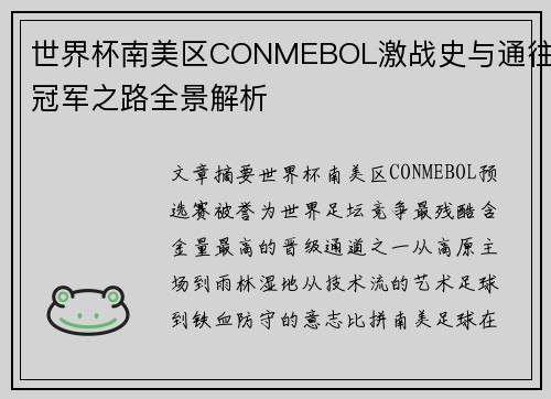 世界杯南美区CONMEBOL激战史与通往冠军之路全景解析 世界杯南美区CONMEBOL激战史与通往冠军之路全景解析