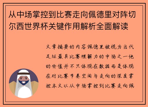 从中场掌控到比赛走向佩德里对阵切尔西世界杯关键作用解析全面解读