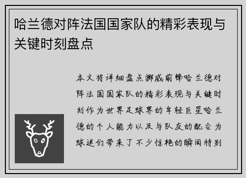 哈兰德对阵法国国家队的精彩表现与关键时刻盘点 哈兰德对阵法国国家队的精彩表现与关键时刻盘点