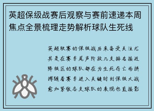 英超保级战赛后观察与赛前速递本周焦点全景梳理走势解析球队生死线 英超保级战赛后观察与赛前速递本周焦点全景梳理走势解析球队生死线